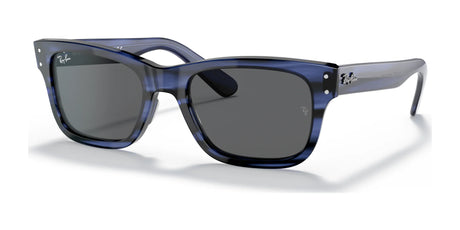 The Ray-Ban MR BURBANK RB2283 sunglasses boast rectangular blue acetate frames, dark lenses, and prominent branded arms. Enjoy stylish UV protection while making a bold statement with these eye-catching shades.