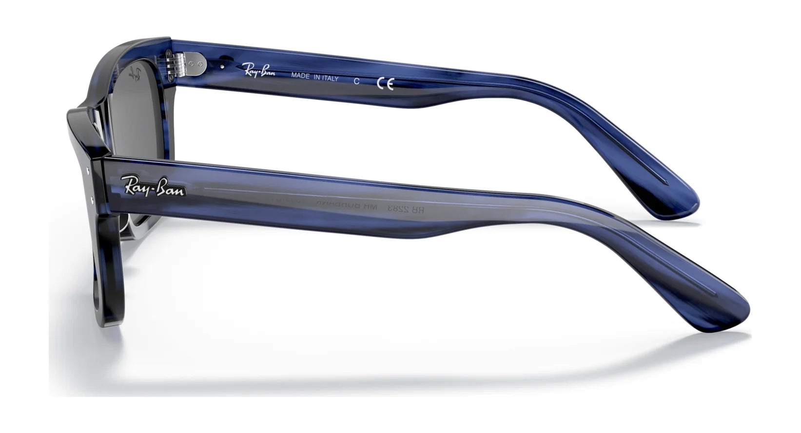 Side view of Ray-Ban MR BURBANK RB2283 sunglasses featuring stylish blue frames, crafted from durable acetate, with the iconic logo on the temples.