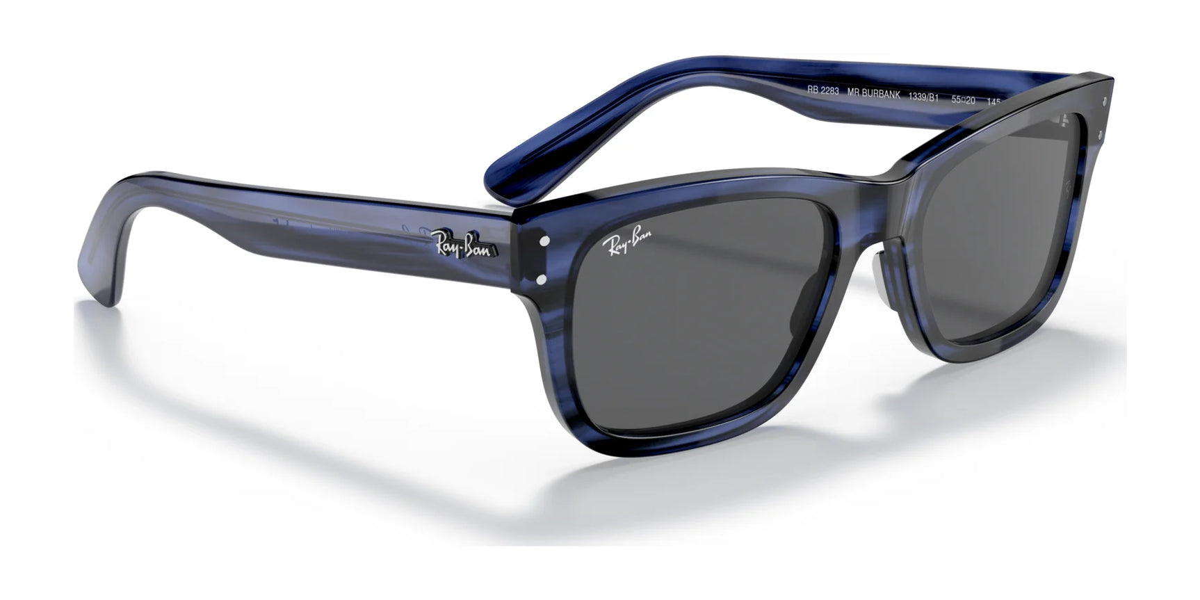 Ray-Ban MR BURBANK RB2283 sunglasses in blue frames with dark lenses, made from durable acetate, rest on a white background. These stylish Ray-Ban shades provide excellent UV protection.