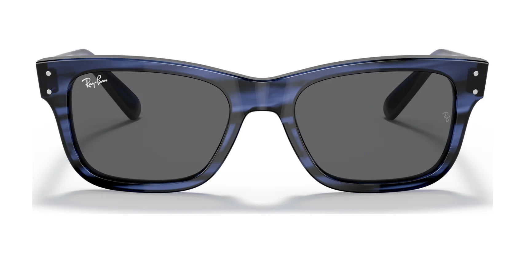 Front view of blue, semi-transparent Ray-Ban MR BURBANK RB2283 sunglasses featuring acetate frames and black lenses, with the brand logo on the top left. These stylish shades provide 100% UV protection.