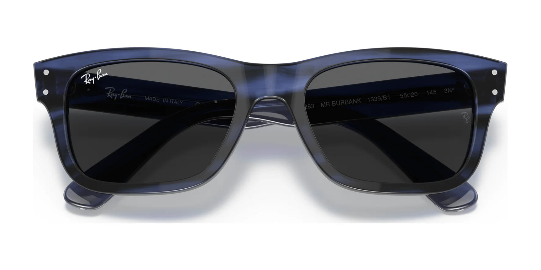 The Ray-Ban MR BURBANK RB2283 Sunglasses feature sleek black lenses with a striking blue marbled acetate frame, iconic branding on the lens and arms, and provide 100% UV protection for stylish sun safety.