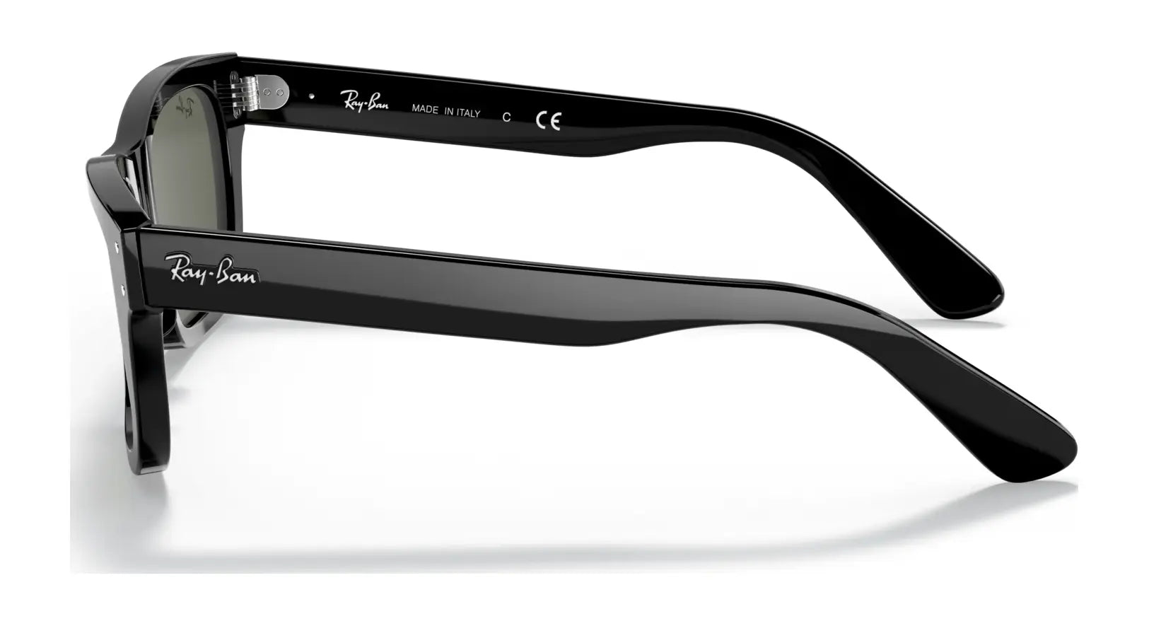 Side view of Ray-Ban MR BURBANK RB2283 sunglasses in black with a logo on the temples, sleek acetate frames, and UV protection.