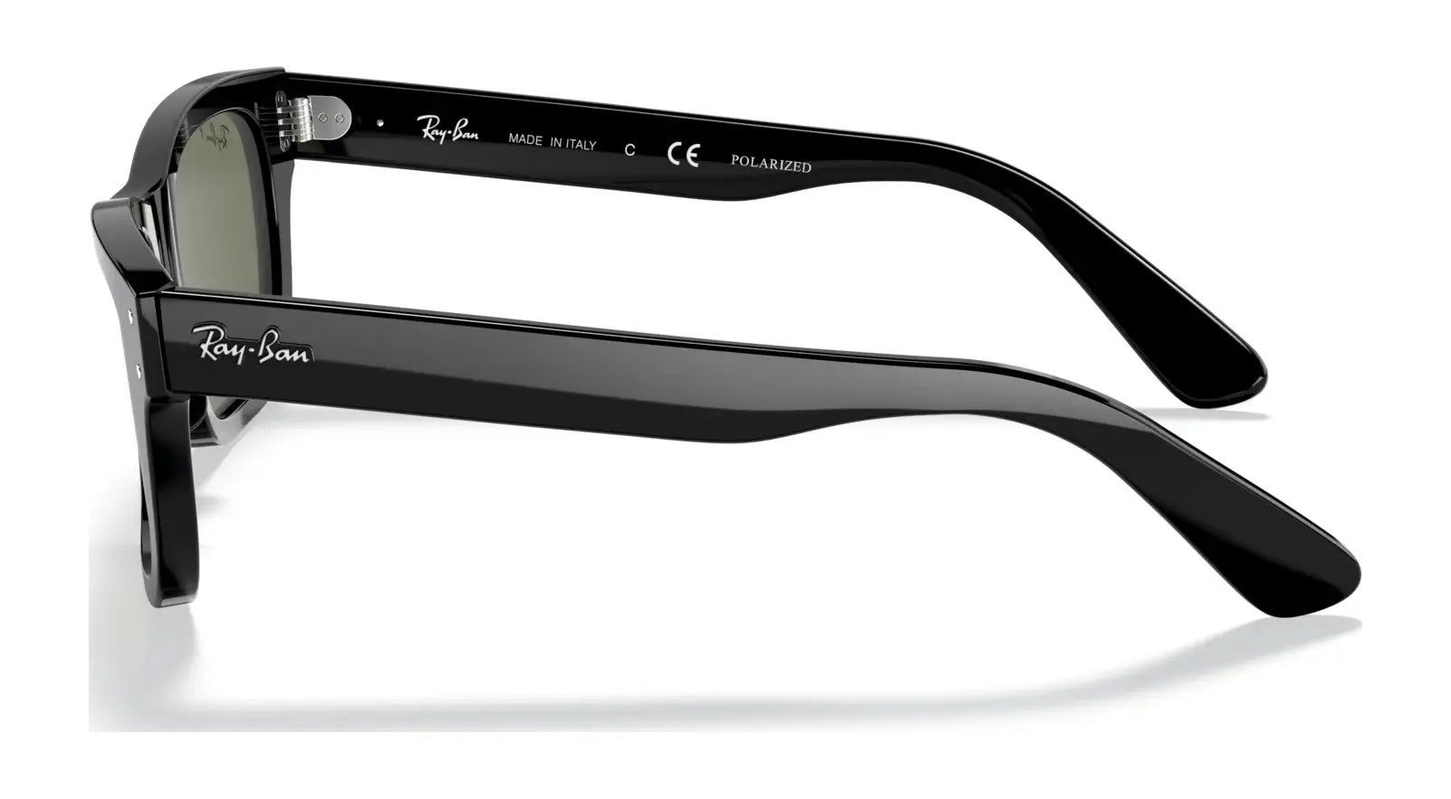 Sleek black Ray-Ban MR BURBANK RB2283 acetate sunglasses in side view, showcasing the iconic logo on the arms and providing 100% UV protection.