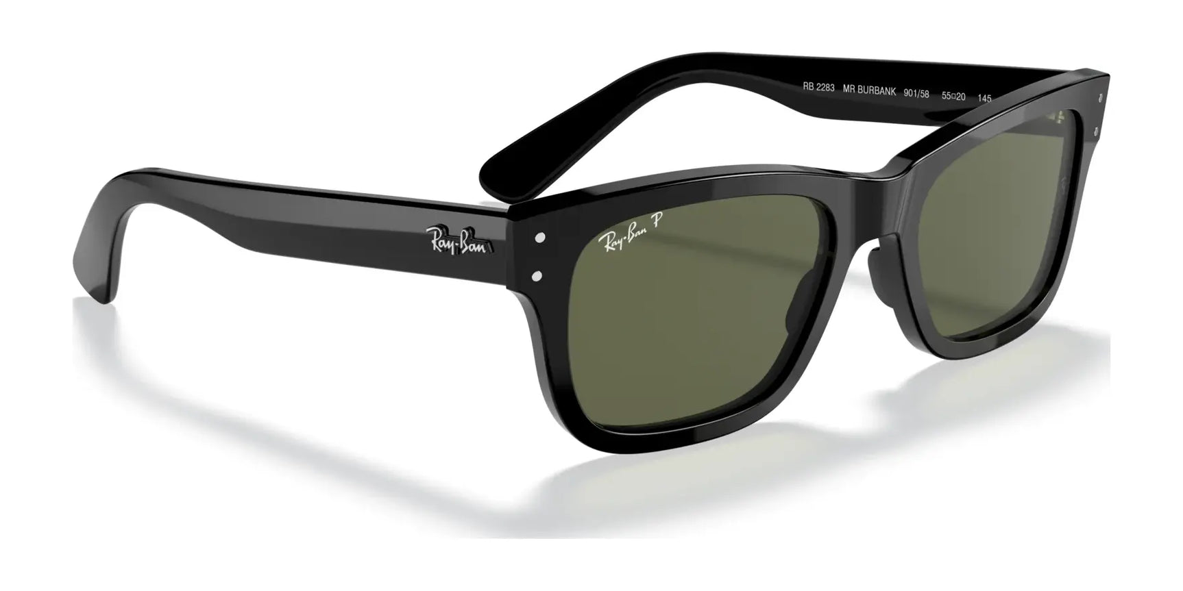 The Ray-Ban MR BURBANK RB2283 Sunglasses feature black acetate frames and dark green lenses with 100% UV protection, displayed against a plain backdrop.