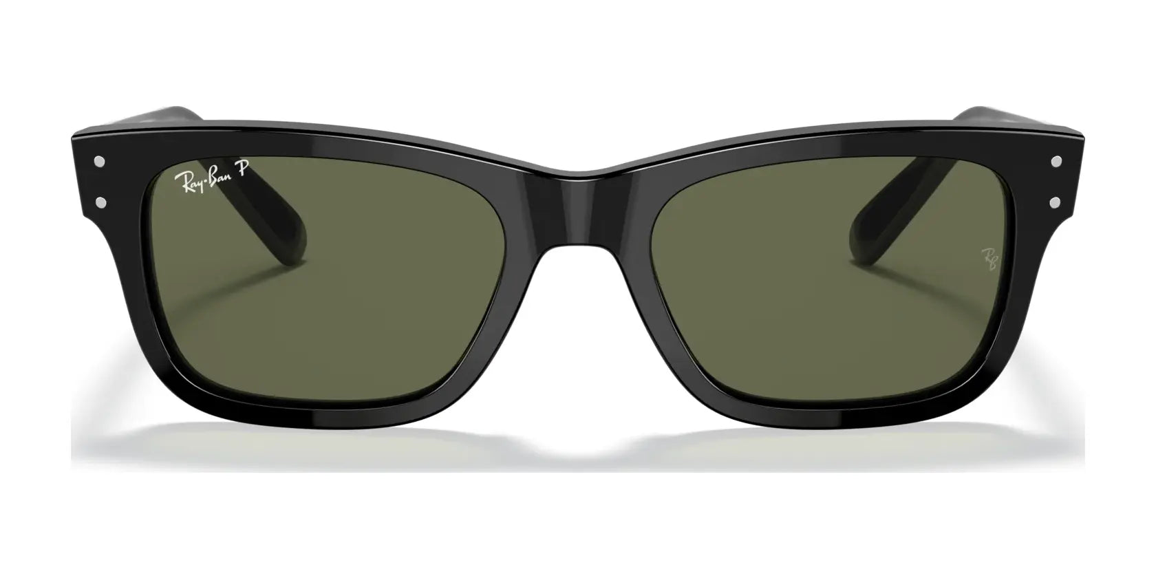 The Ray-Ban MR BURBANK RB2283 Sunglasses feature black square acetate frames and dark green lenses, providing 100% UV protection.