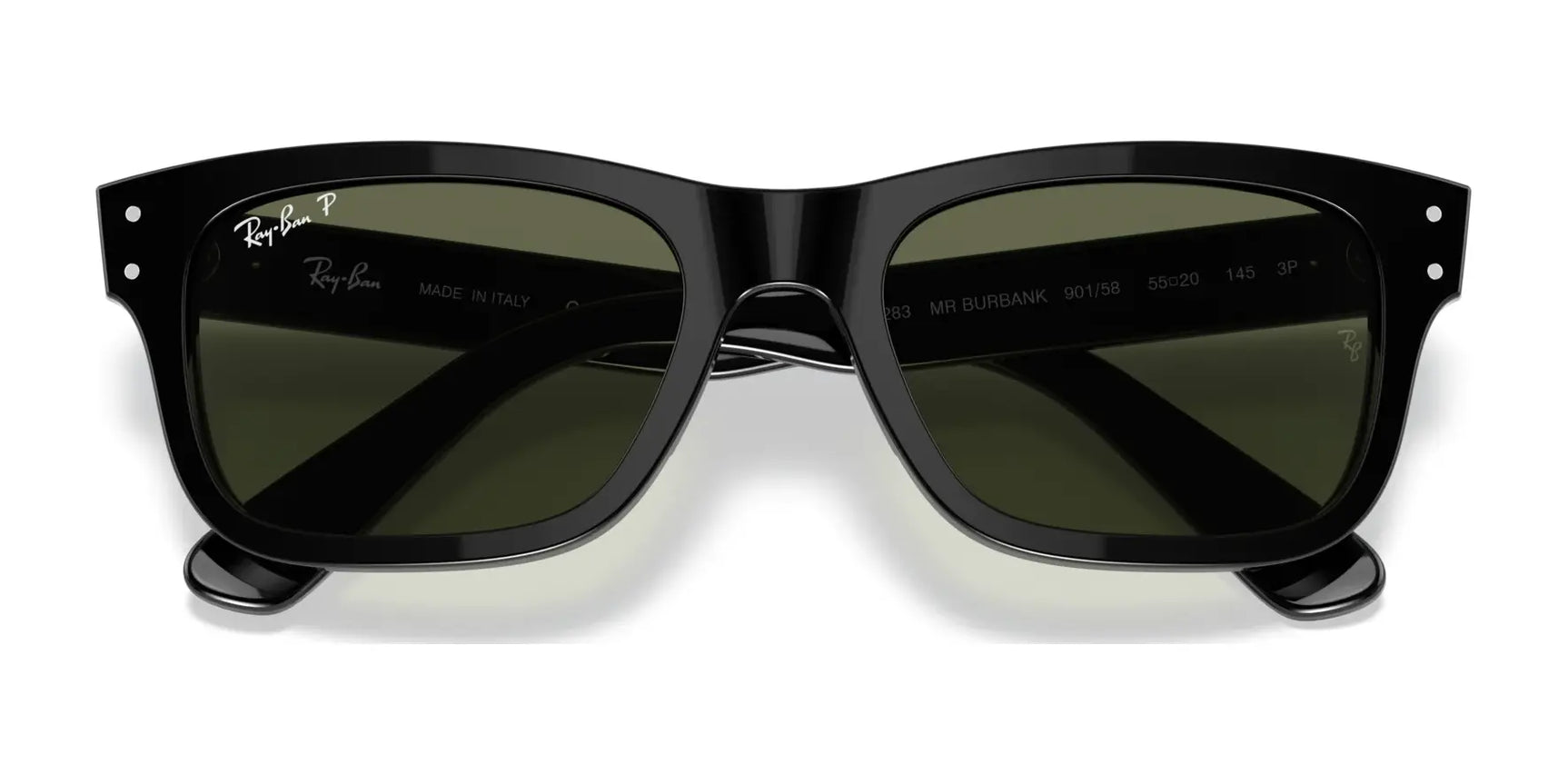 The Ray-Ban MR BURBANK RB2283 sunglasses have black acetate frames, dark green lenses, a brand logo on the top left corner, and provide superior UV protection.