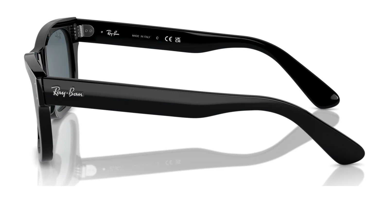 Side view of Ray-Ban MR BURBANK RB2283 Sunglasses, featuring thick black acetate frames with a glossy finish and logo, providing 100% UV protection.