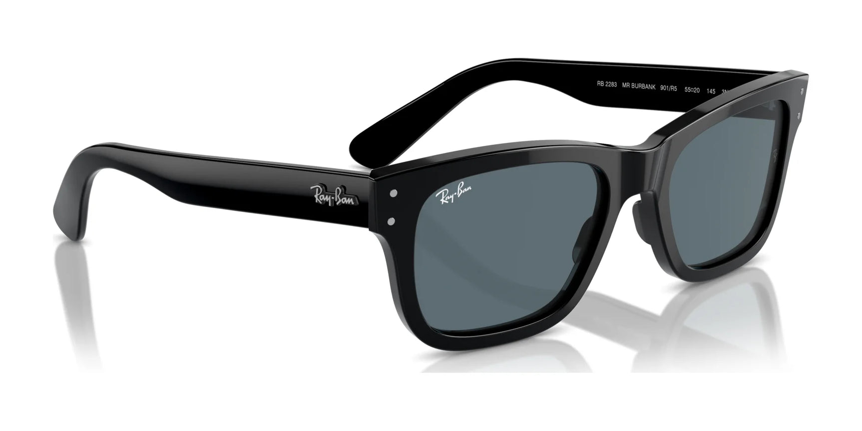 Ray-Ban MR BURBANK RB2283 sunglasses feature sleek acetate frames and dark lenses, offering 100% UV protection with both side and front views.