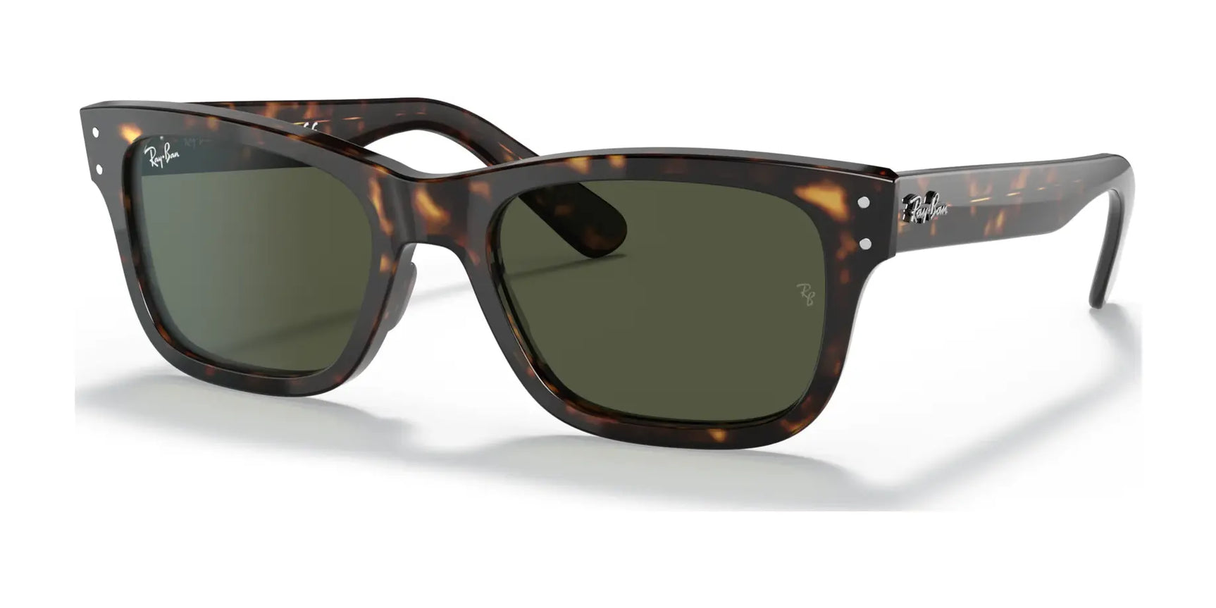 The Ray-Ban MR BURBANK RB2283 sunglasses feature tortoiseshell rectangular acetate frames, green tinted lenses, and silver accents on the arms, offering stylish UV protection.