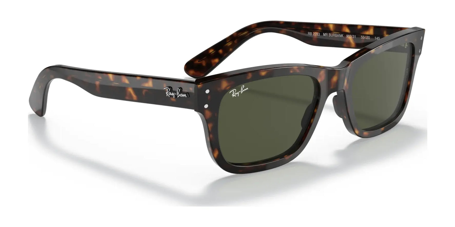 The Ray-Ban MR BURBANK RB2283 sunglasses feature tortoiseshell acetate frames and dark green lenses, offering a sleek design with 100% UV protection.