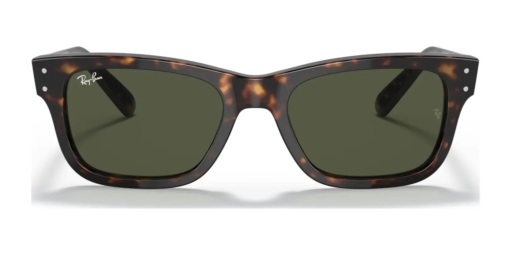 The Ray-Ban MR BURBANK RB2283 sunglasses have tortoiseshell, rectangular acetate frames with small metal accents, dark lenses, and provide 100% UV protection.