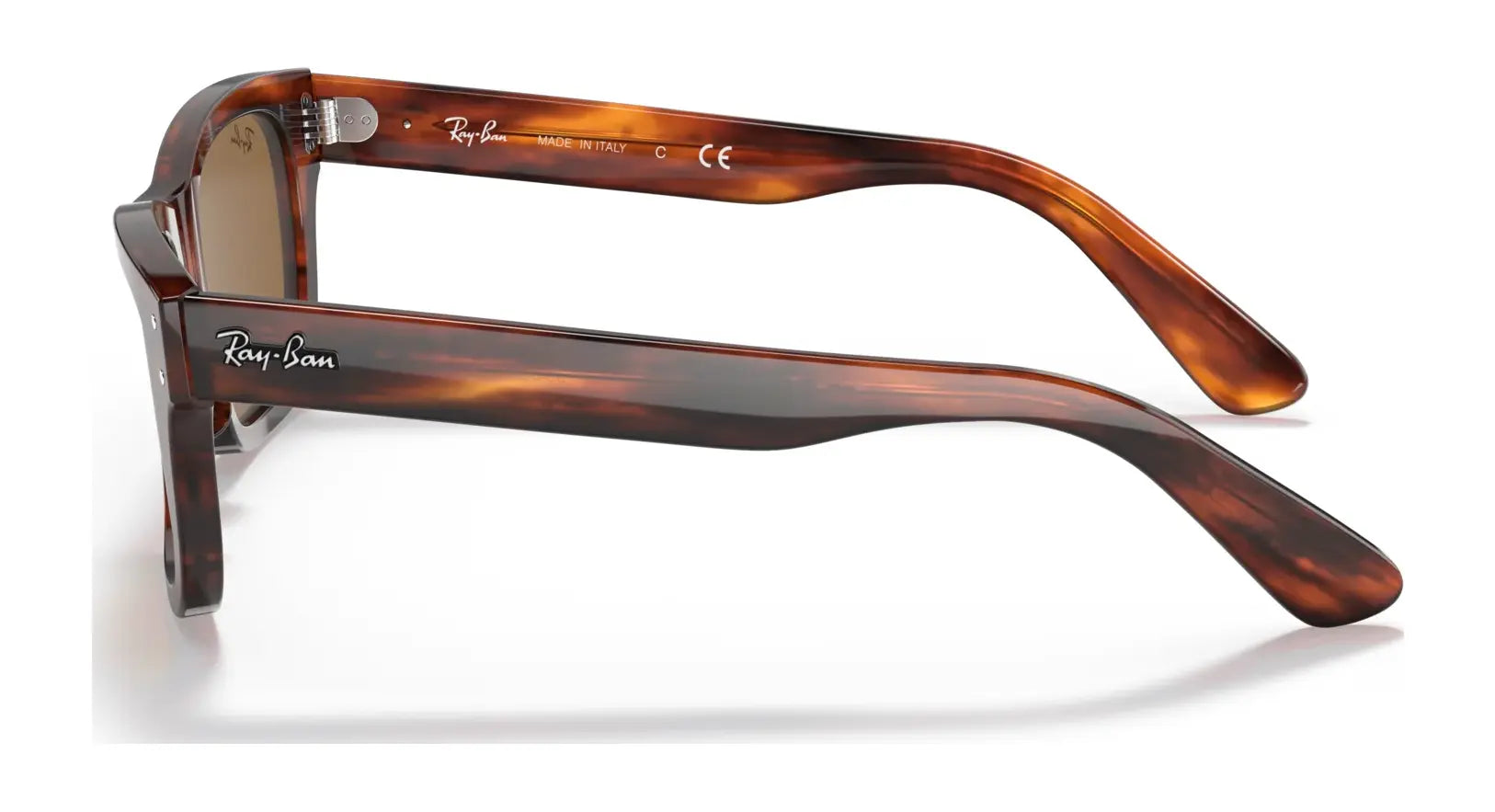 Side view of Ray-Ban MR BURBANK RB2283 tortoiseshell sunglasses featuring acetate frames, logo on the arms, and 100% UV protection.