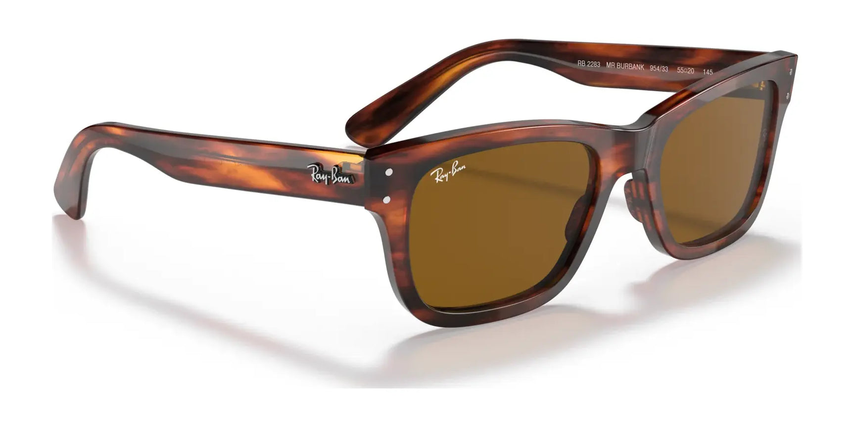 These Ray-Ban MR BURBANK RB2283 sunglasses have brown tortoiseshell acetate frames, branded logos on the arms, and are enhanced with brown lenses that offer 100% UV protection.