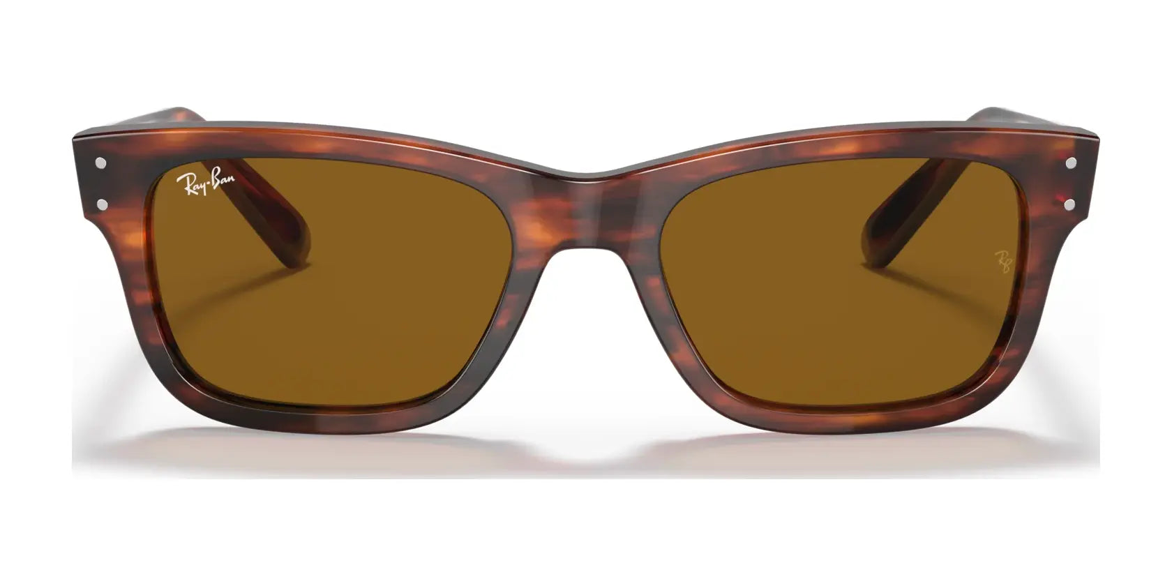 The Ray-Ban MR BURBANK RB2283 sunglasses boast brown tortoiseshell square acetate frames, brown lenses with 100% UV protection, and feature the Ray-Ban logo on the top left corner of the right lens for added brand elegance.