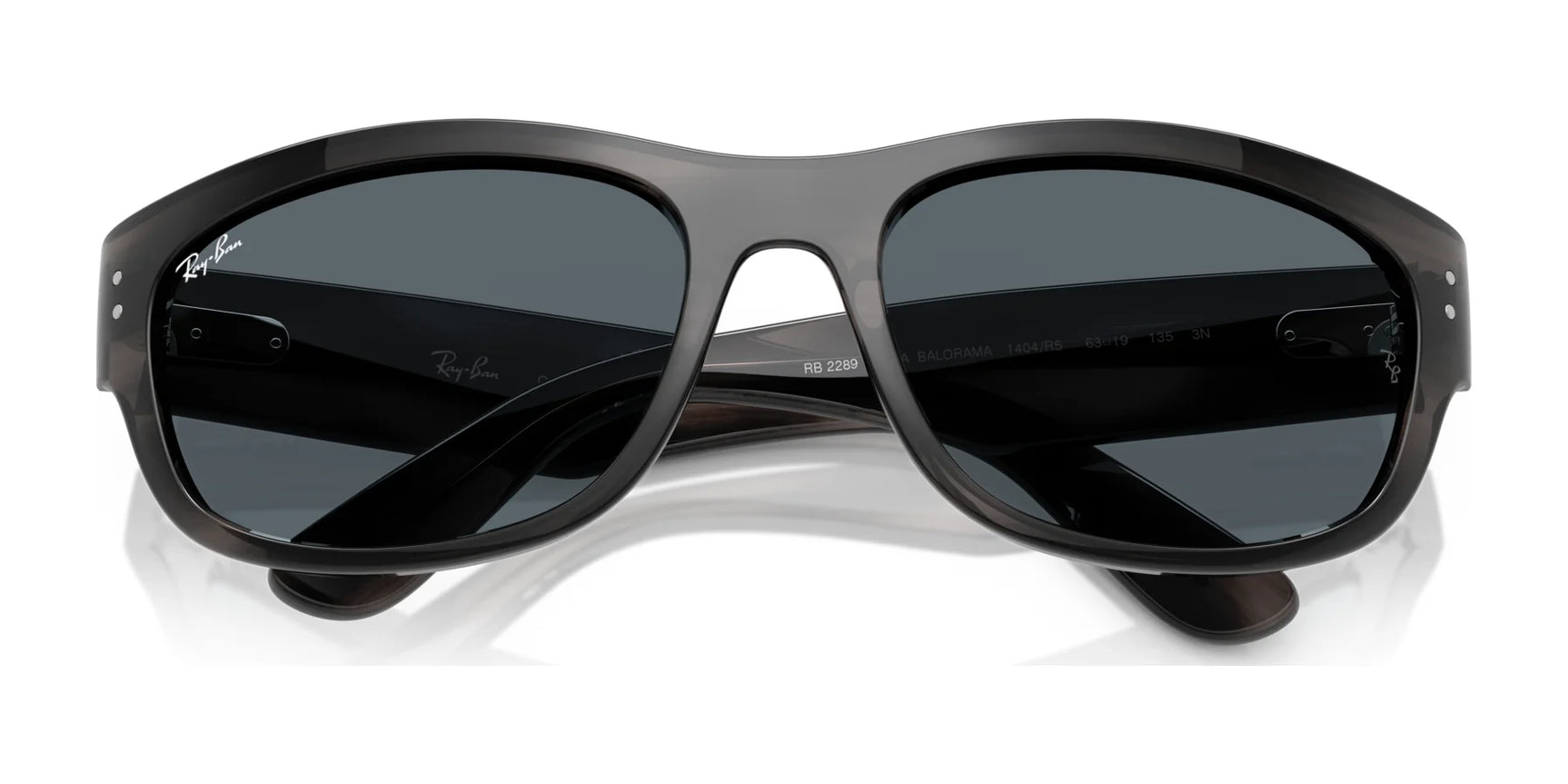 The Ray-Ban MEGA BALORAMA RB2289 sunglasses feature a sporty design with polarized lenses and dark tints, beautifully displayed on a white background.