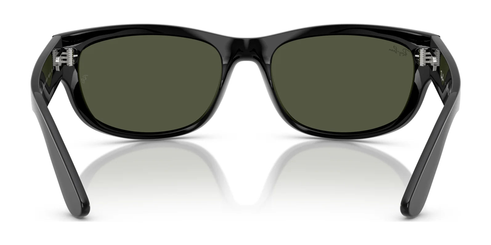 Front view of black Ray-Ban MEGA BALORAMA RB2289 sunglasses with dark, polarized lenses, reflecting on a white surface.