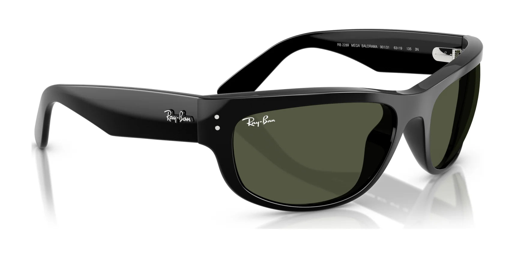 Ray-Ban MEGA BALORAMA RB2289 sunglasses with green polarized lenses, featuring a sporty design, are angled on a reflective surface.