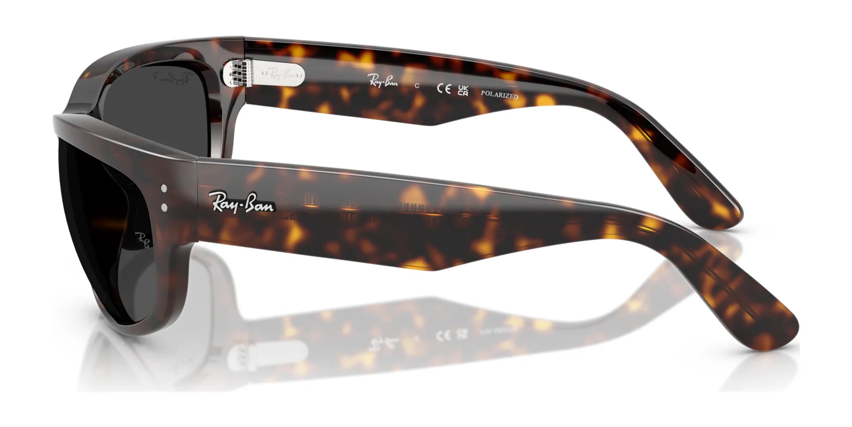 Side view of sporty Ray-Ban MEGA BALORAMA RB2289 tortoiseshell sunglasses with polarized lenses and iconic branding on the arms.