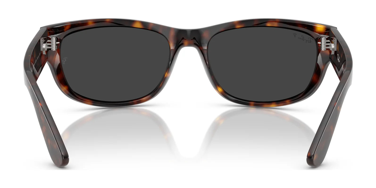 Ray-Ban MEGA BALORAMA RB2289 sunglasses featuring a sporty design with tortoise shell frames, dark polarized lenses, and viewed from the front on a reflective surface.