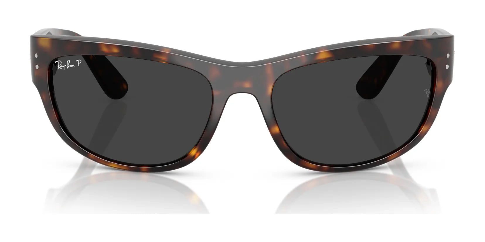 Ray-Ban MEGA BALORAMA RB2289 sunglasses feature a sporty design with tortoiseshell frames and dark polarized lenses, all reflecting light against a white background.