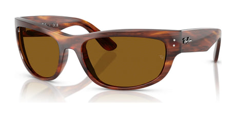 Ray-Ban MEGA BALORAMA RB2289 sunglasses feature a sporty design in Striped Havana №954/33 with dark brown polarized lenses, beautifully reflecting light on a white surface.