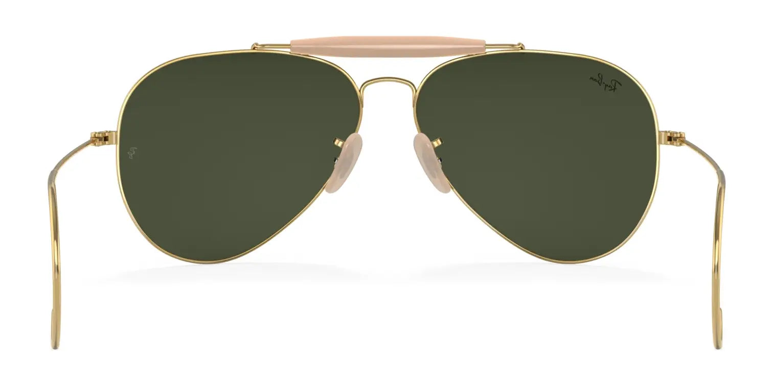 Ray-Ban OUTDOORSMAN I RB3030 sunglasses in size 58 showcase gold frames with dark green polarized lenses, all set against a white background.