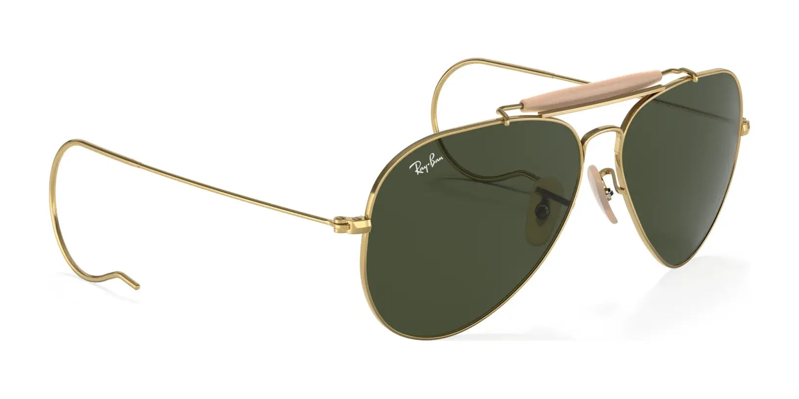 Ray-Ban OUTDOORSMAN I RB3030 sunglasses feature gold aviator frames with polarized dark green lenses and curved ear hooks, evocative of classic Ray-Ban style. Size 58.