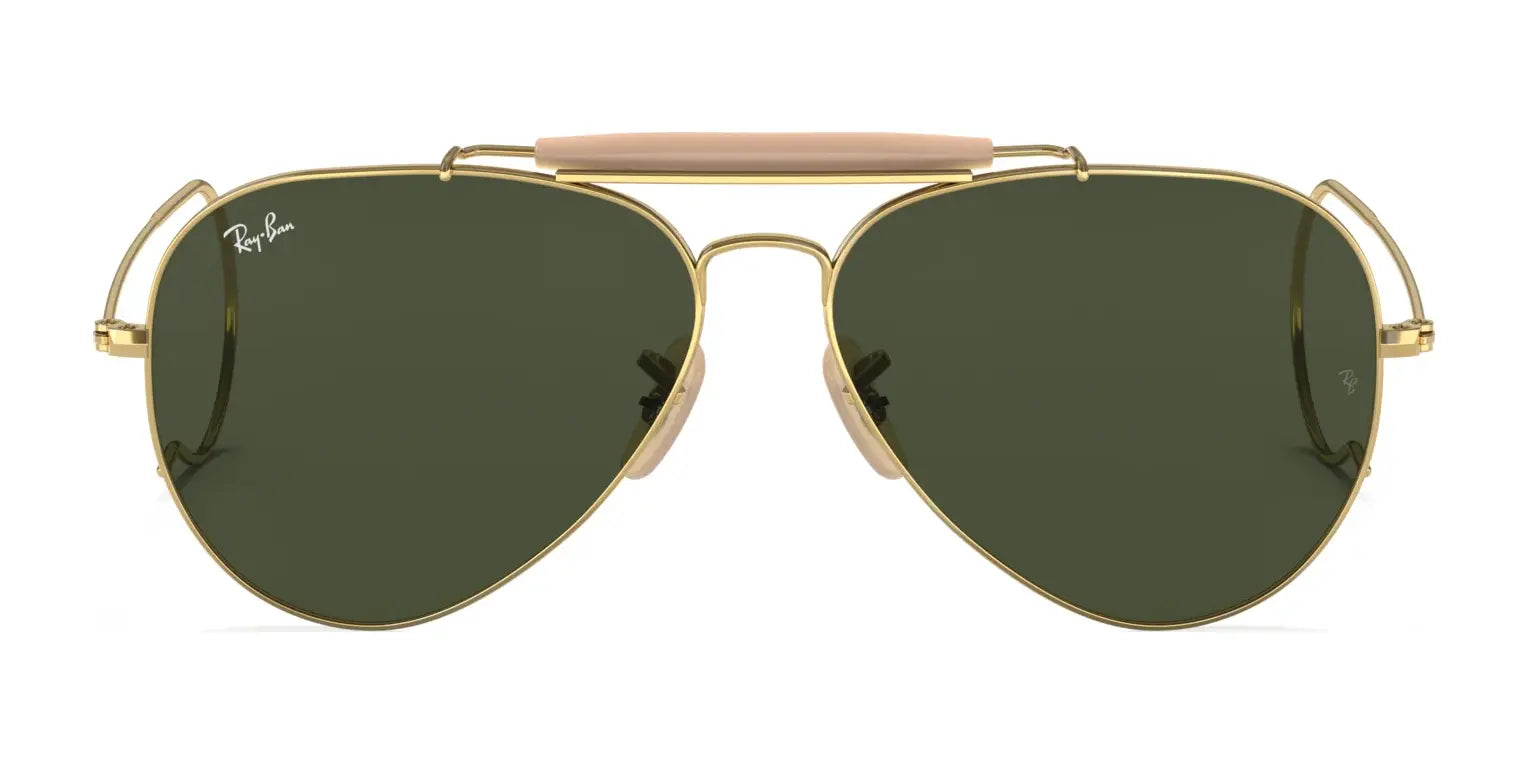 Ray-Ban OUTDOORSMAN I RB3030 sunglasses with dark green polarized lenses, gold frame, beige brow bar, size 58.