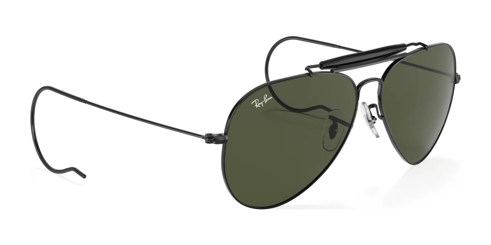 Ray-Ban OUTDOORSMAN I RB3030 sunglasses, size 58, boast a sleek black aviator design with polarized dark green lenses, chic on a white background.