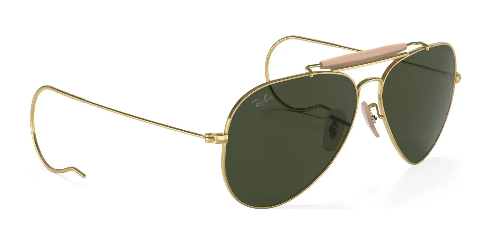 Ray-Ban OUTDOORSMAN I RB3030 sunglasses in size 58 feature gold frames, dark green polarized lenses, and beige nose pads.