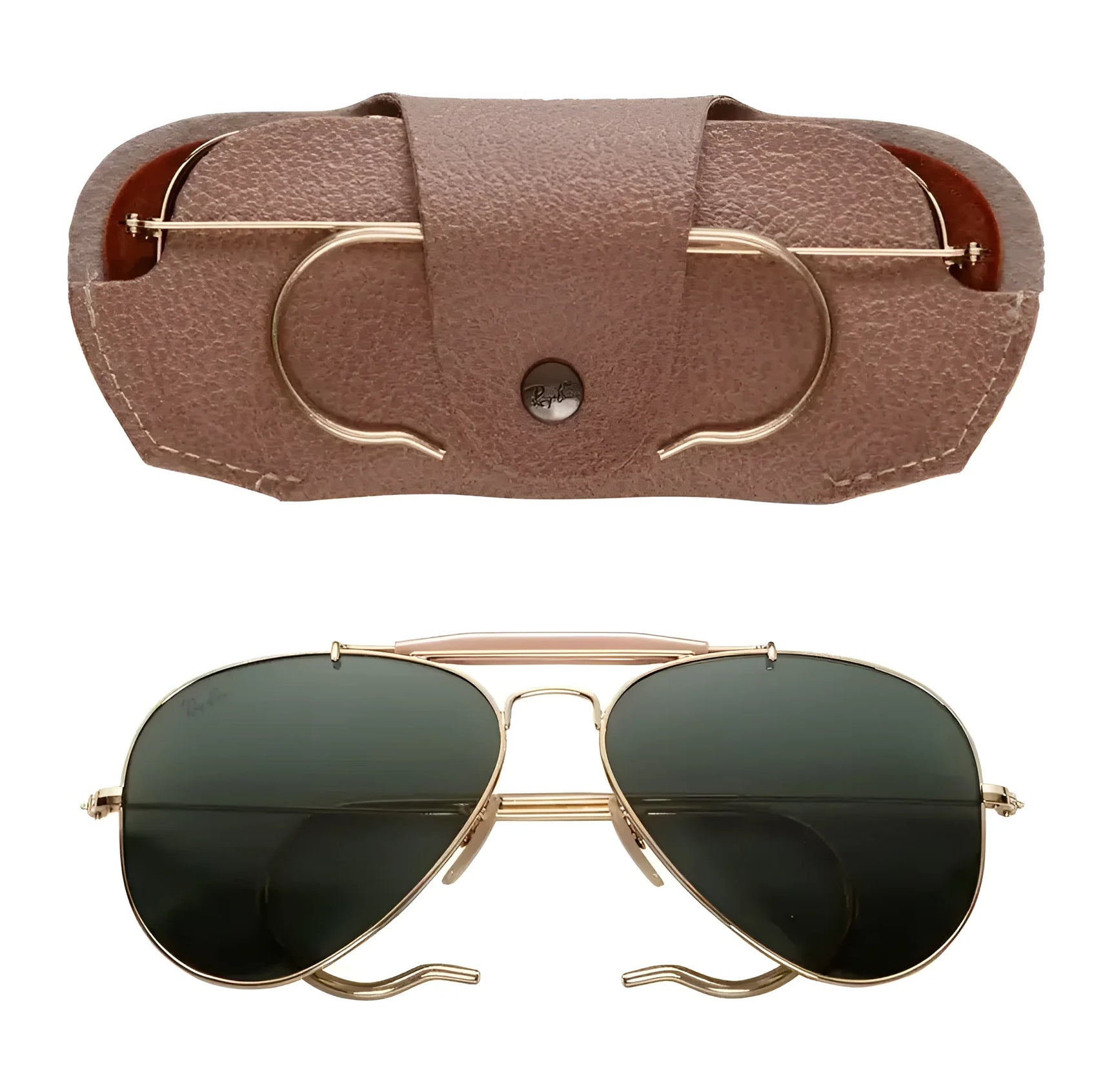 Ray-Ban OUTDOORSMAN I RB3030 sunglasses, size 58, feature polarized dark lenses and come in a brown leather case with gold accents.