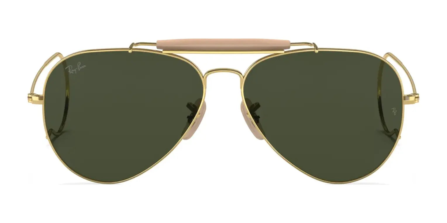 Gold-framed Ray-Ban OUTDOORSMAN I RB3030 sunglasses with dark green polarized lenses and a beige brow bar, size 58.