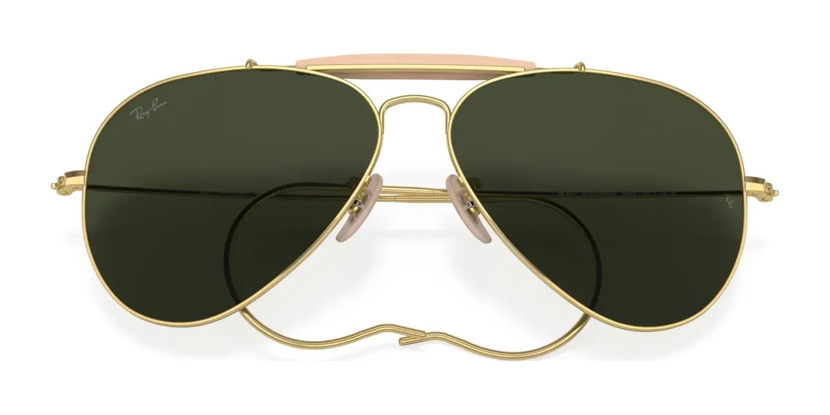 The Ray-Ban OUTDOORSMAN I RB3030 Sunglasses in Size 58 showcase gold frames and dark green polarized lenses against a white background.