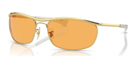 The Ray-Ban OLYMPIAN I DELUXE RB3119M Sunglasses, size 62, with gold frames and orange-tinted lenses offering UV protection, rest stylishly on a white background.