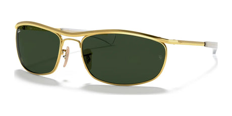 The Ray-Ban OLYMPIAN I DELUXE RB3119M Sunglasses, Size 62, boast a sleek metallic gold frame with dark green lenses for essential UV protection, displayed on a white background.