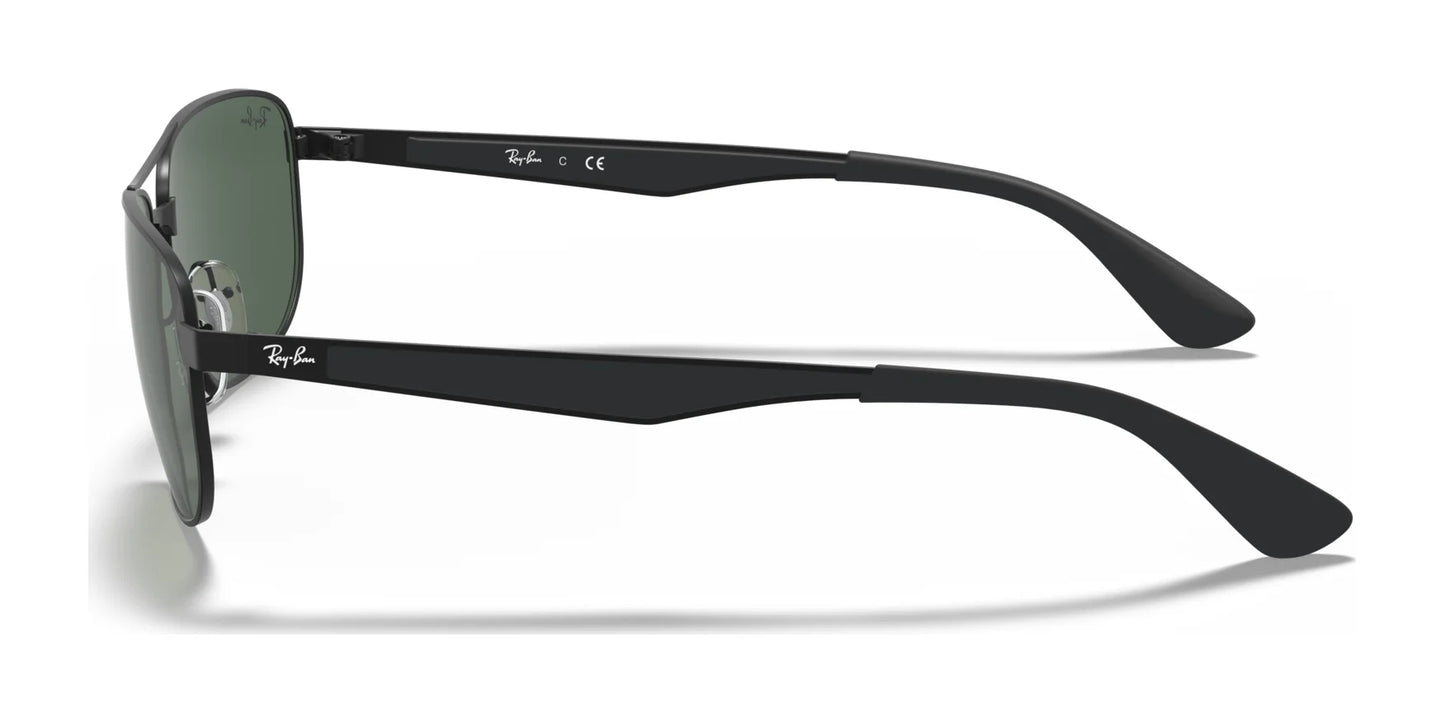 Side view of a pair of stylish sunnies, showcasing black Ray-Ban RB3528 Sunglasses in Size 61 with dark lenses and the iconic brand logo on the temples, ensuring UV protection.