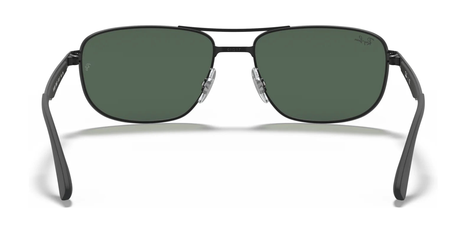 Ray-Ban RB3528 Sunglasses | Size 61: Black-framed rectangular sunglasses with green lenses, featuring a sleeker design, stylish sunnies vibe, and adjustable nose pads for UV protection.