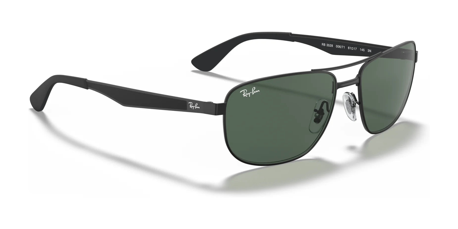 Ray-Ban RB3528 Sunglasses in black frames and dark green lenses, showcased on a white background, combine stylish eyewear with UV protection.