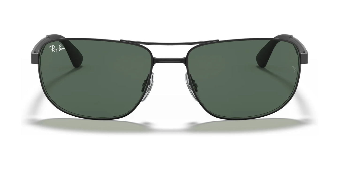 Front view of Ray-Ban RB3528 Sunglasses with black frames and green lenses on a white background, offering stylish sunnies that come with UV protection.