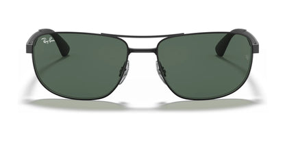 Front view of Ray-Ban RB3528 Sunglasses with black frames and green lenses on a white background, offering stylish sunnies that come with UV protection.