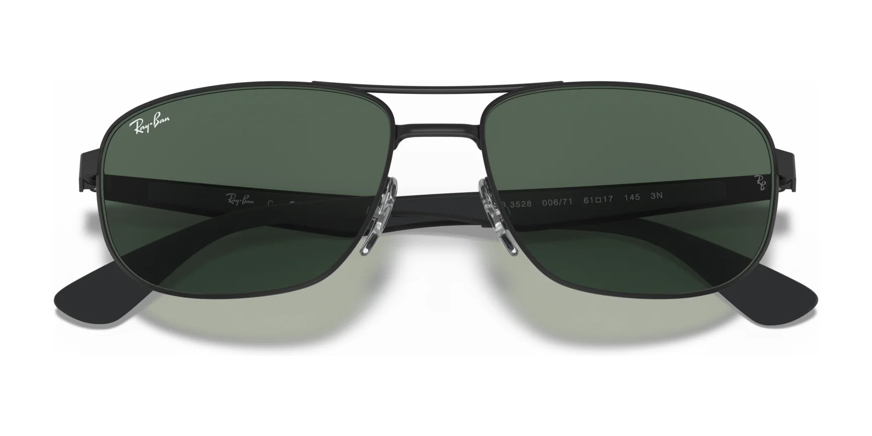 A pair of Ray-Ban RB3528 Sunglasses in Size 61, featuring dark green lenses and a black metal frame, shown from the front. These stylish sunnies from Ray-Ban also offer excellent UV protection.