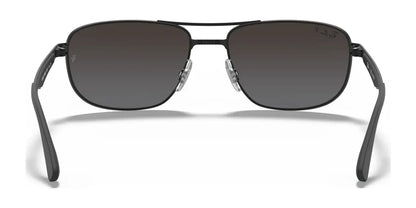 The Ray-Ban RB3528 Sunglasses in Size 61 boast a stylish aviator design with dark lenses, a straight top bar, and comfortable nose pads. These sunglasses provide both UV protection and timeless style when viewed from the front.