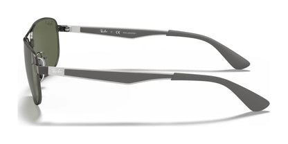 Side view of Ray-Ban RB3528 sunglasses with a sleek, silver frame, dark polarized lenses, and thin grey temple arms, perfect for UV protection.