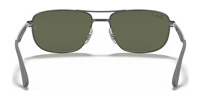 Front view of the stylish Ray-Ban RB3528 Sunglasses featuring dark green lenses and a sleek gray metal frame, offering Ray-Ban's classic appeal and essential UV protection in size 61.