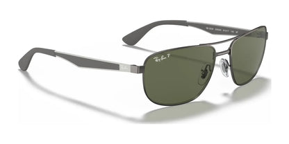 The Ray-Ban RB3528 Sunglasses in Size 61 showcase stylish rectangular green lenses with UV protection, a thin metal frame, and the iconic "Ray-Ban" logo on both the lens and temple.