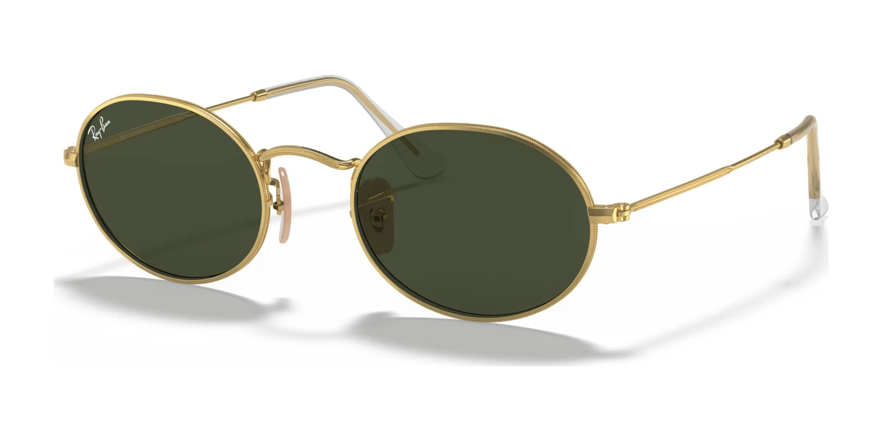 Ray-Ban OVAL RB3547 sunglasses feature round gold frames and dark green lenses, highlighting premium materials against a white background.