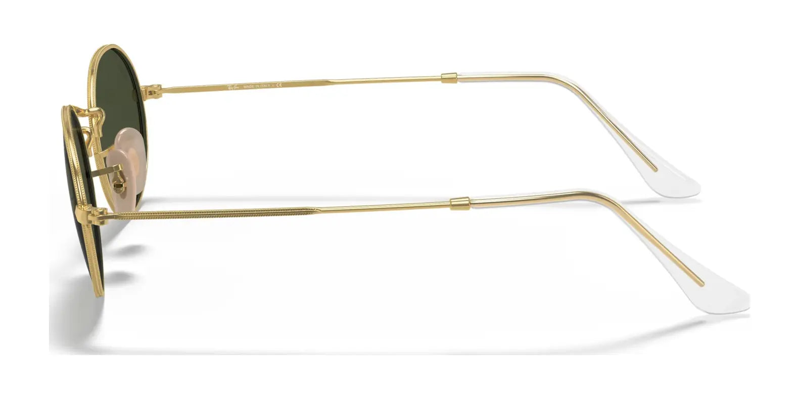 Ray-Ban OVAL RB3547 sunglasses with gold oval frames, green lenses, and translucent earpieces in a side view.