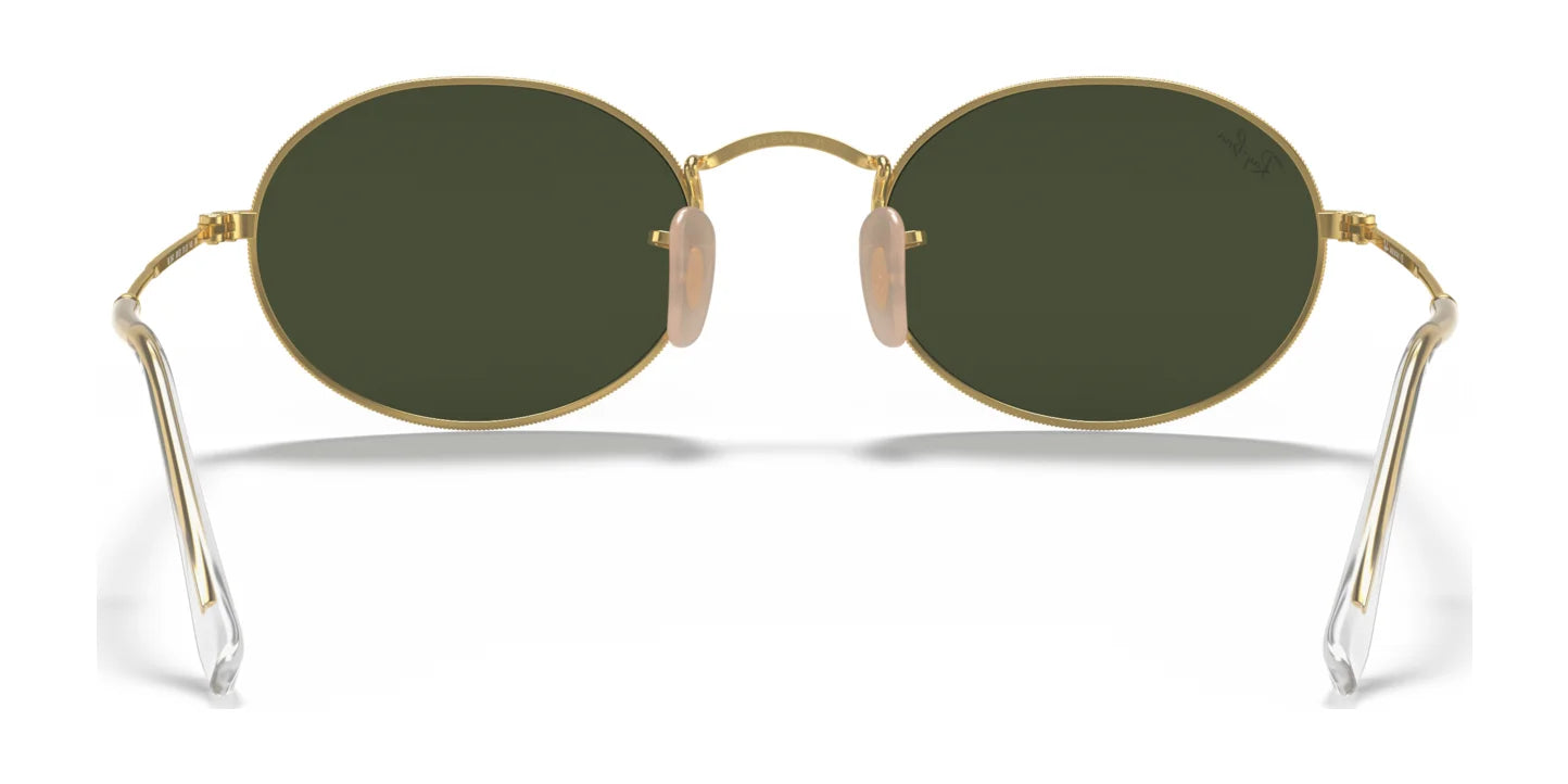 Front view of Ray-Ban OVAL RB3547 sunglasses featuring luxurious gold frames and dark green lenses.