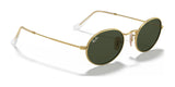 Ray-Ban OVAL RB3547 sunglasses feature a gold frame with dark green lenses and white earpieces, displayed on a white background.