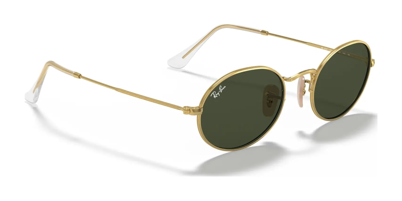 Ray-Ban OVAL RB3547 sunglasses feature a gold frame with dark green lenses and white earpieces, displayed on a white background.